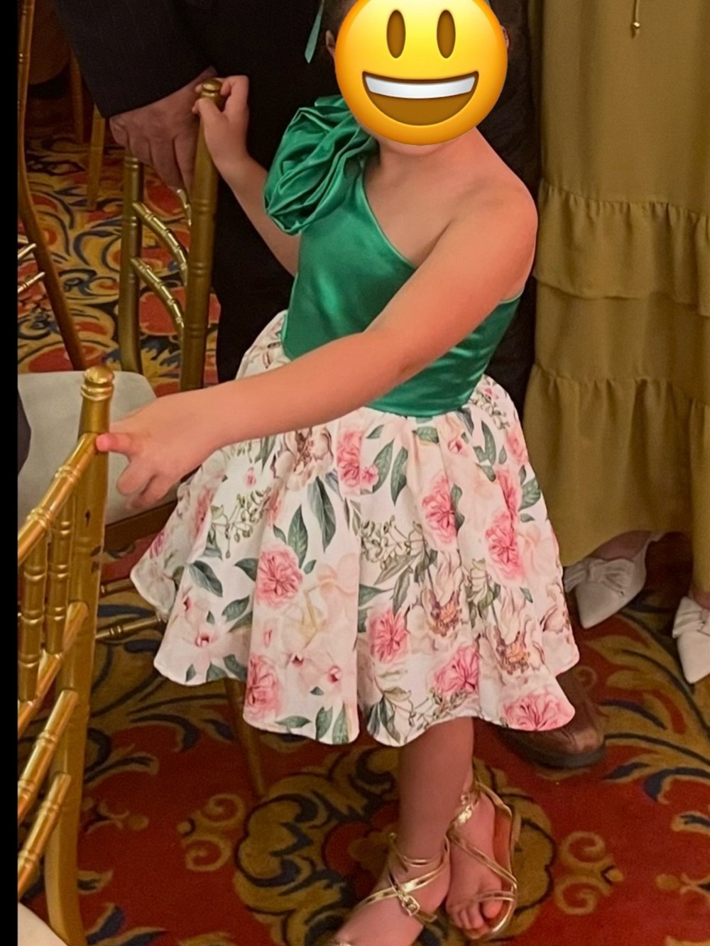 Green Floral Satin & Printed Skirt Girls' Dress